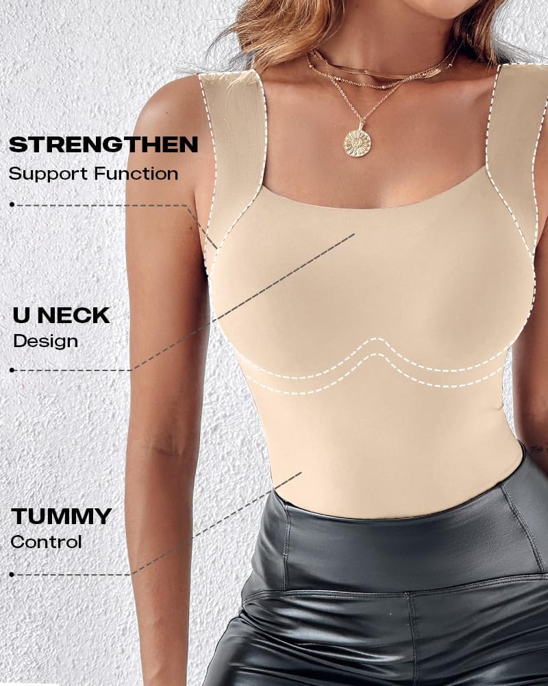 Womens U Neck Shapewear Built-in Bra Tank High Strechy Sleeveless Slim Fit Tops Camisole Workout Tops